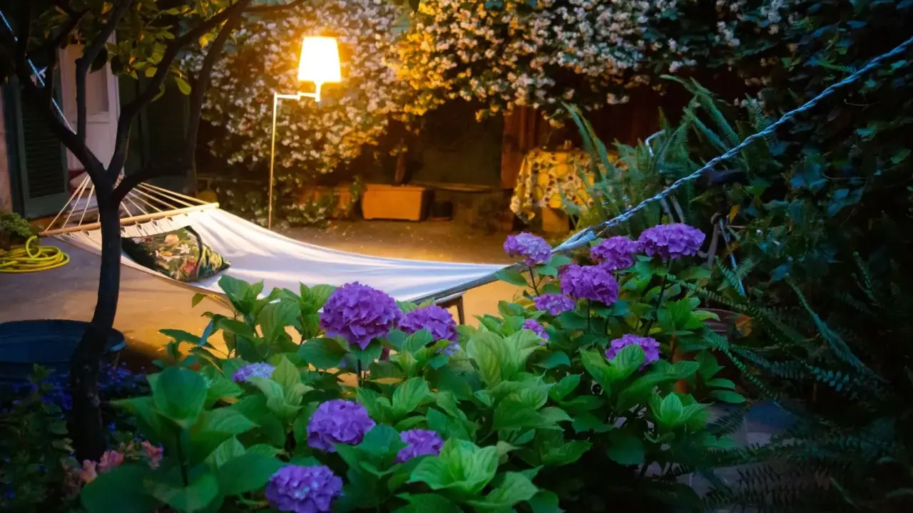 Jardin de nuit illuminé, avec un hamac, des hortensias violets et des lumières douces. Idéal pour jardiner avec la lune 2025.