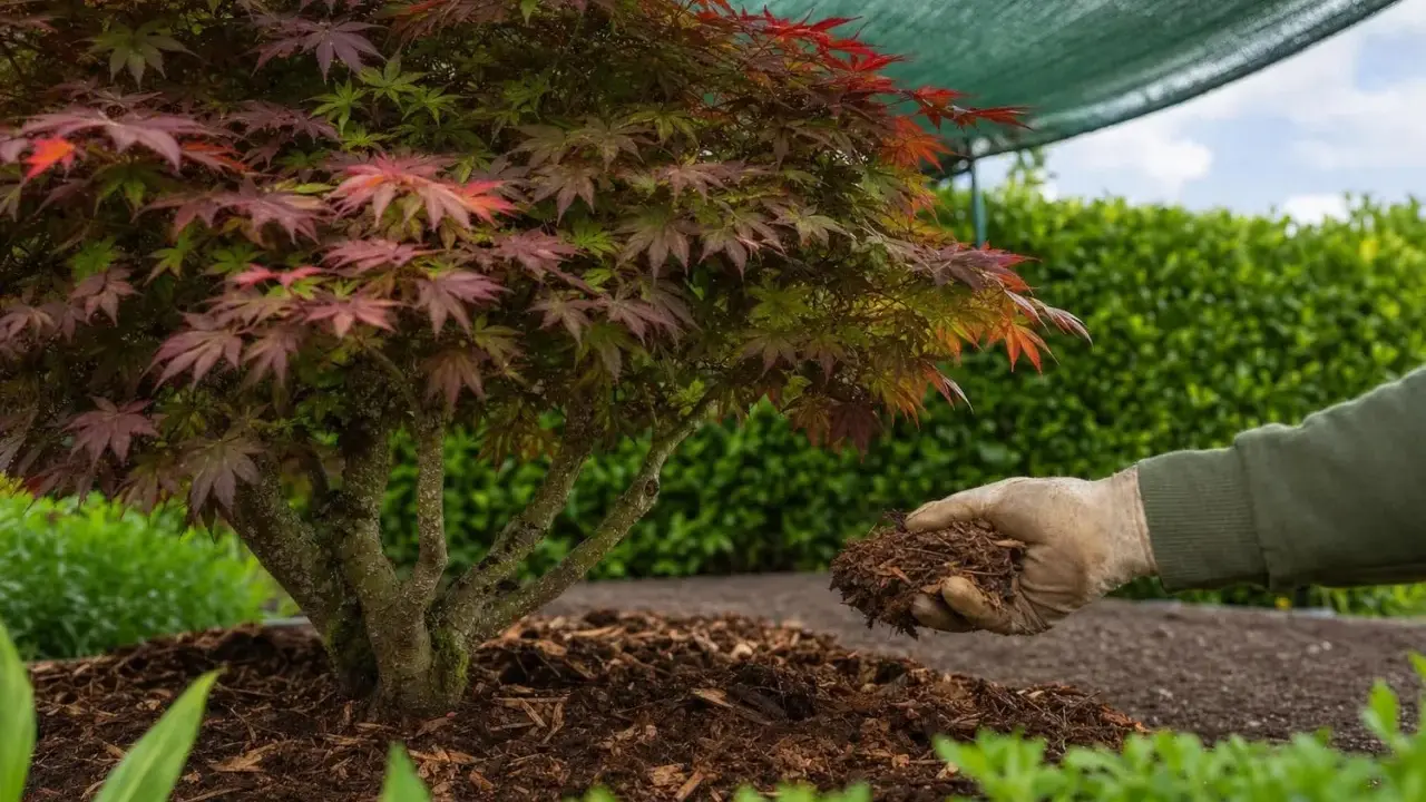 Un érable du Japon aux feuilles rouges et vertes, prêt pour son exposition. Une main gantée ajoute du paillis à son pied.