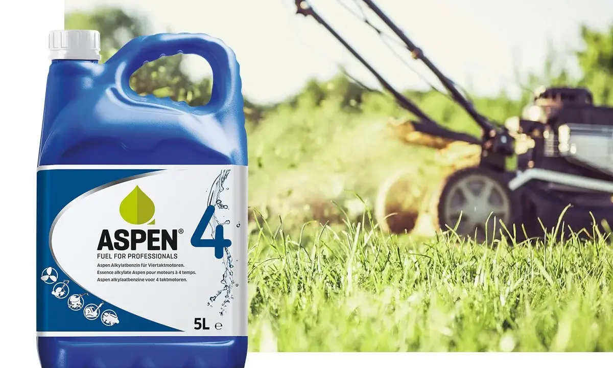 Bidon d'essence tondeuse 4 temps Aspen 5L, prêt pour l'entretien de votre jardin.