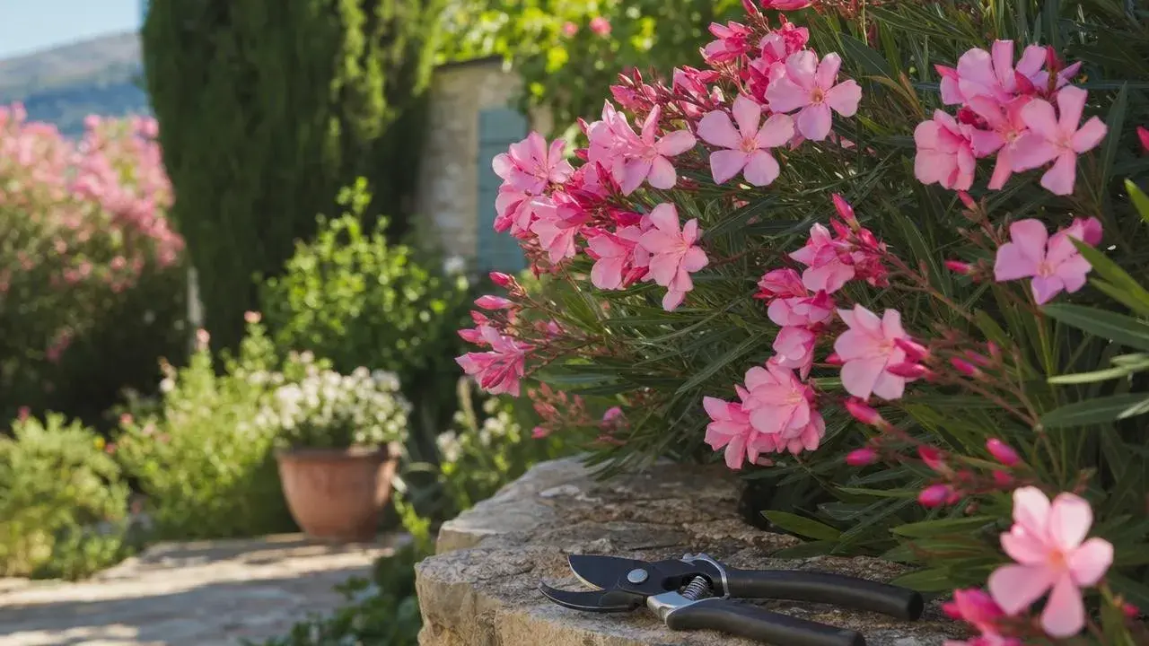 Un sécateur repose sur un muret en pierre, prêt à tailler les lauriers roses en fleurs dans un jardin ensoleillé.
