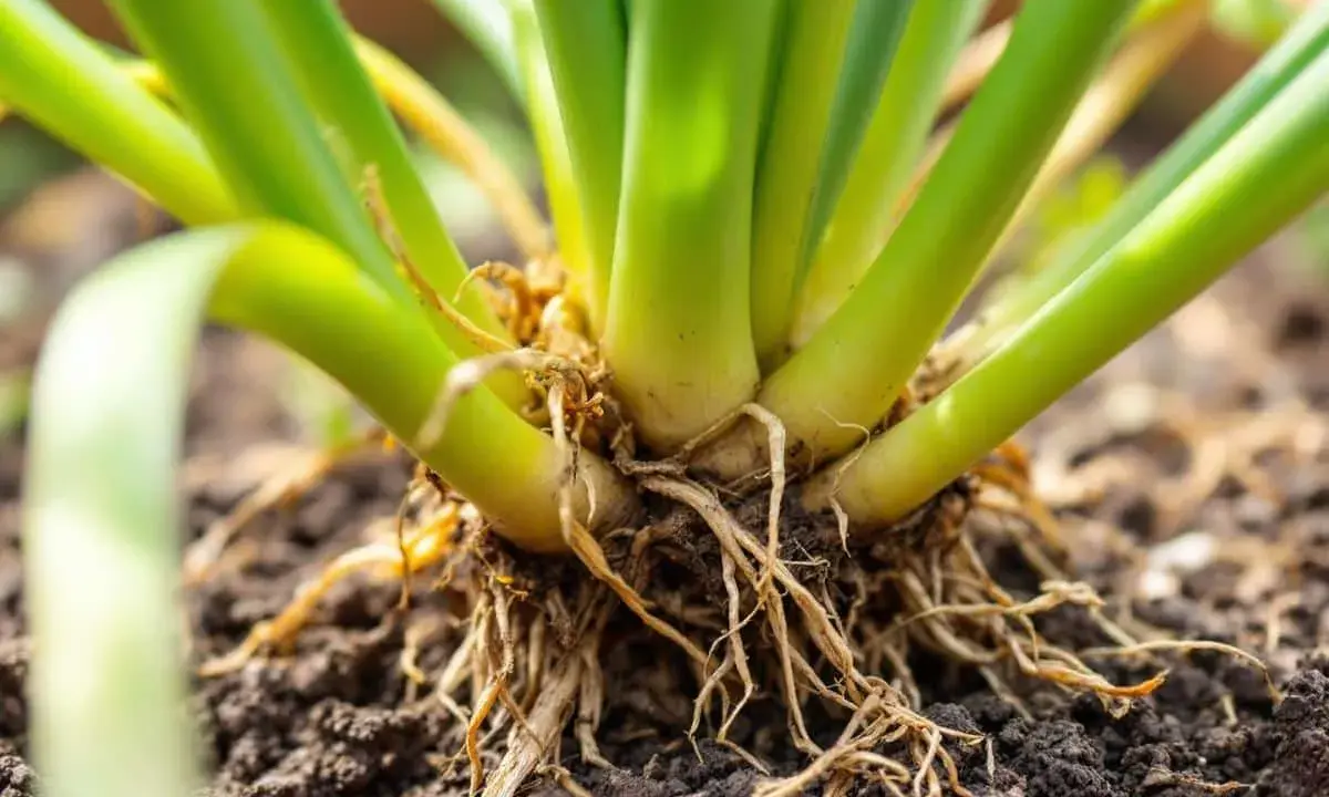 Base d'oignons verts avec racines visibles dans la terre. Idéal pour savoir quand planter les oignons.