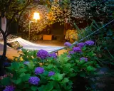 Jardin de nuit illuminé, avec un hamac, des hortensias violets et des lumières douces. Idéal pour jardiner avec la lune 2025.