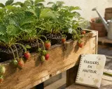 Des fraisiers en pots dans une jardinière en bois, prêts à être installés. Un carnet indique "Fraisier en hauteur", suggérant une idée pour fabriquer une gouttière fraisier.