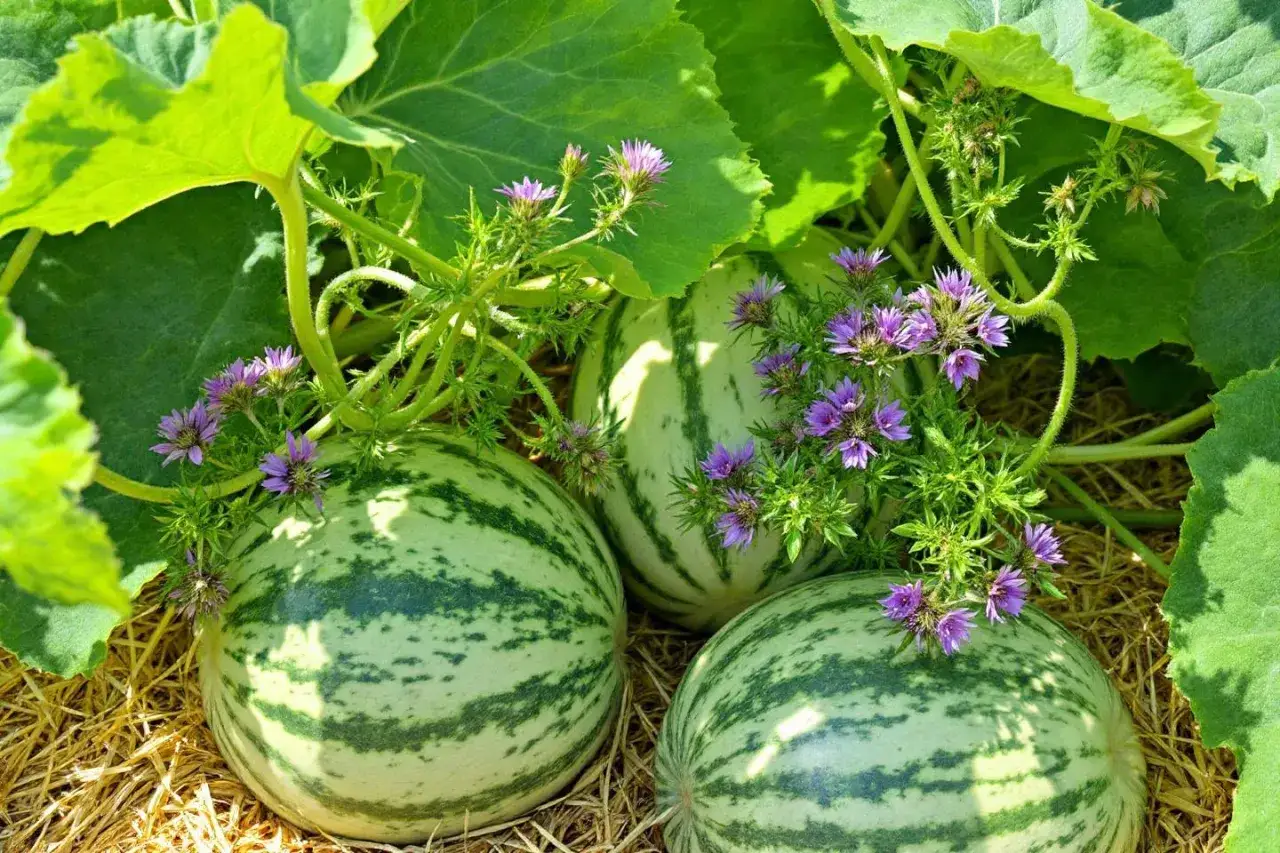 Trois melons rayés, prêts à être récoltés, dans un potager. L'association melon potager est une merveille de la nature.