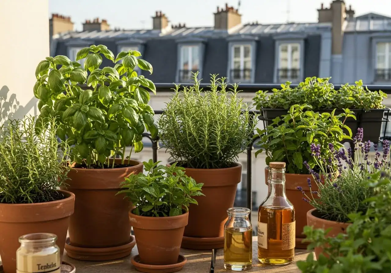Un balcon parisien fleuri, avec une belle association plantes aromatiques et fleurs : basilic, romarin, menthe, lavande. Huiles essentielles prêtes à l'emploi.