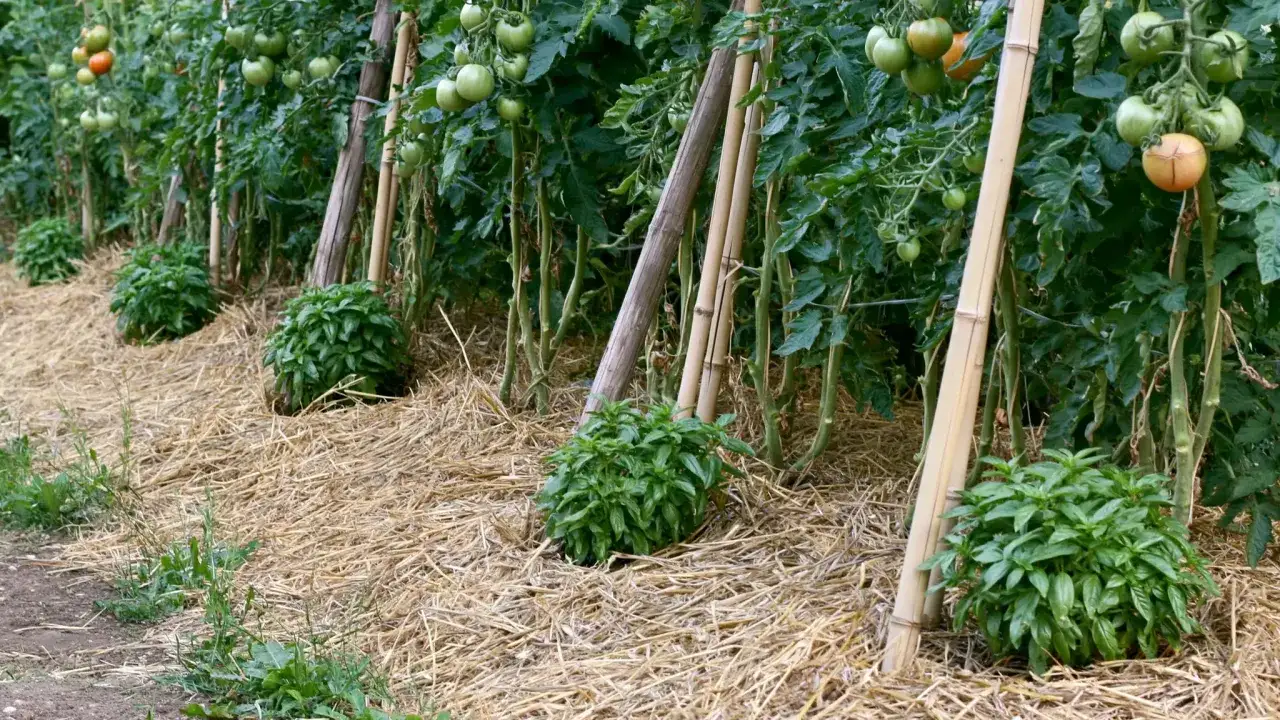 Association basilic potager : plants de tomates soutenues par des tuteurs en bambou, avec des plants de basilic luxuriants au pied, le tout paillé.