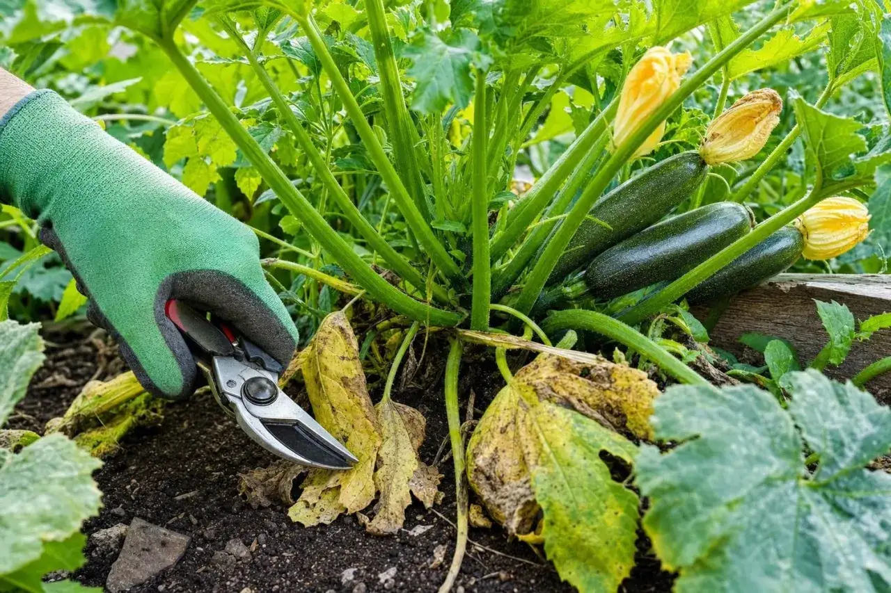 Main verte coupant une feuille de courgette jaunie près de courgettes mûres et de fleurs jaunes.