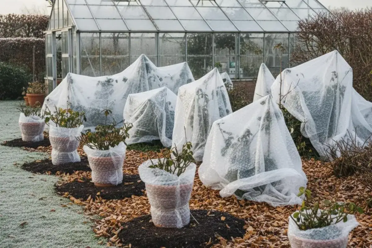Des plantes en pots, protégées par du plastique à bulles, attendent le retour du printemps sous un ciel qui pourrait annoncer la lune rousse. Une serre se dresse en arrière-plan.
