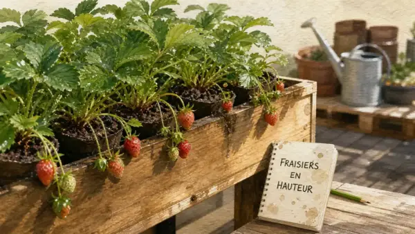 Des fraisiers en pots dans une jardinière en bois, prêts à être installés. Un carnet indique "Fraisier en hauteur", suggérant une idée pour fabriquer une gouttière fraisier.