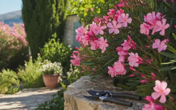 Un sécateur repose sur un muret en pierre, prêt à tailler les lauriers roses en fleurs dans un jardin ensoleillé.