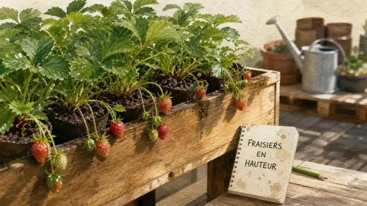 Des fraisiers en pots dans une jardinière en bois, prêts à être installés. Un carnet indique "Fraisier en hauteur", suggérant une idée pour fabriquer une gouttière fraisier.