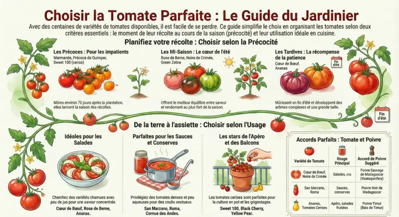 Guide du jardinier : différentes variétés de tomates, des précoces aux tardives, idéales pour salades, sauces, apéros. Tomates cerises pour la culture en pot.