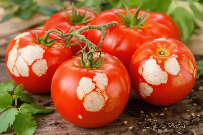 Tomates rouges avec des taches blanches sur la peau, posées sur du bois avec des feuilles vertes et de la terre.