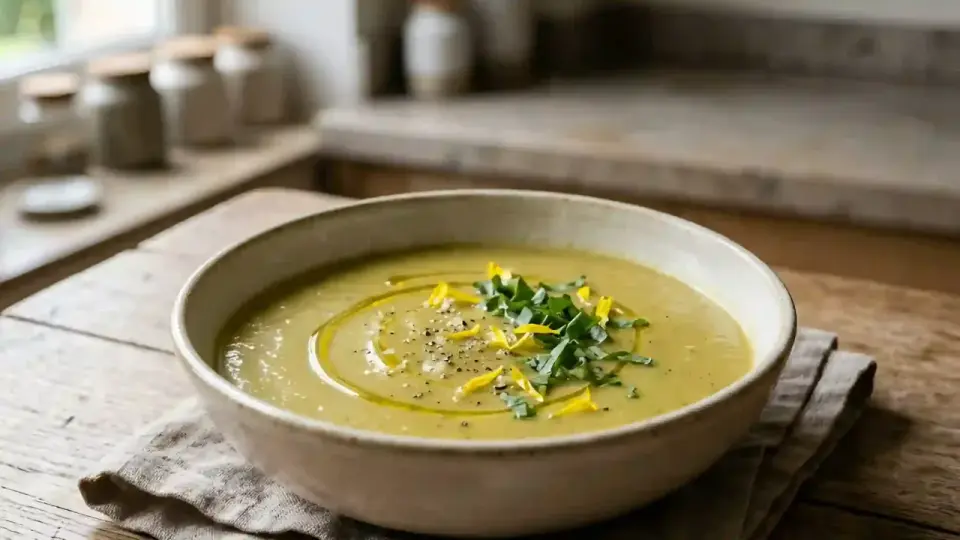 Un bol de soupe de pissenlit crémeuse, garnie d'herbes fraîches, de pétales jaunes et d'un filet d'huile d'olive.
